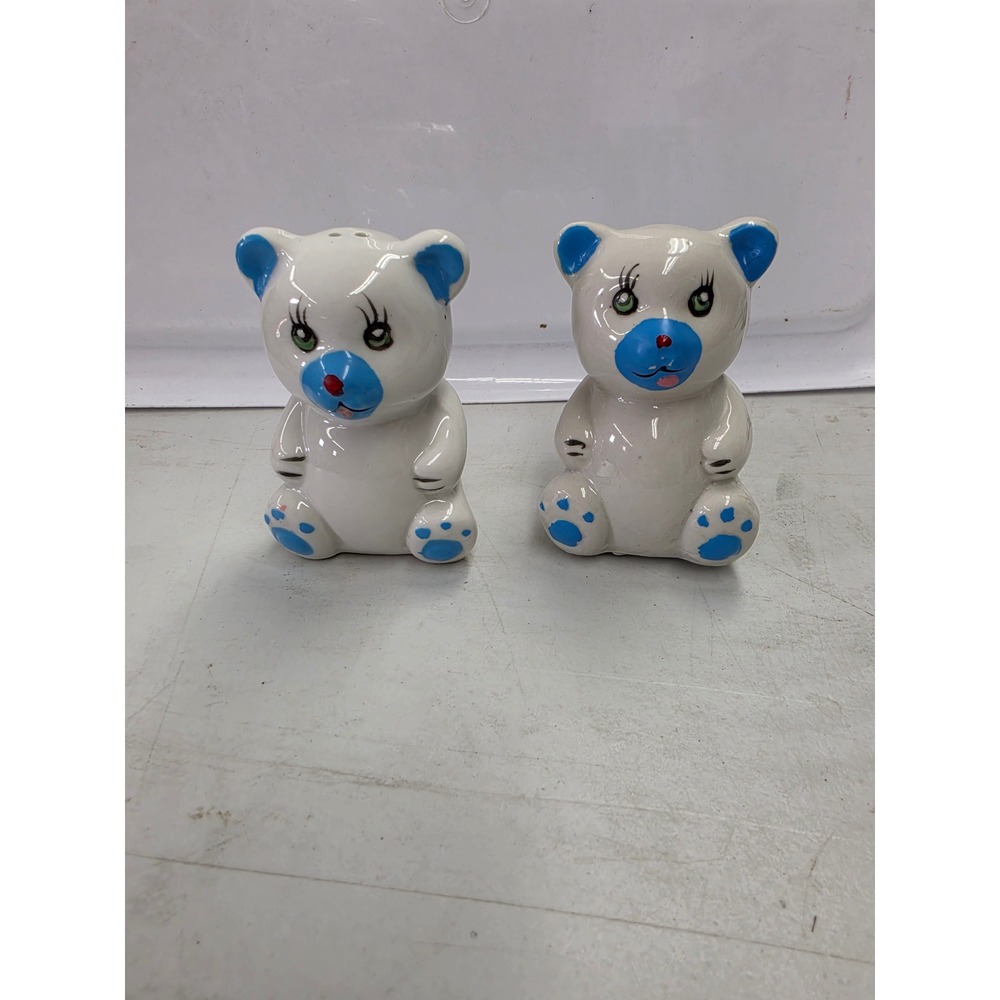 Vintage Style Ceramic Bear Salt and Pepper Shakers White Blue Hand Painted Set